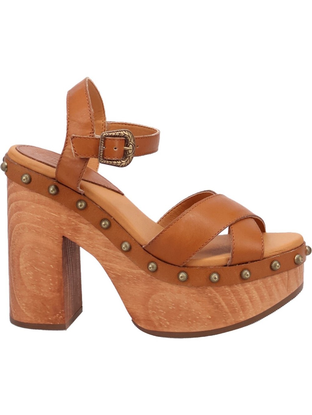 NEW Dingo Lotus Tan Leather And Wood Block Platform Sandals Sz 10 Nailhead Trim